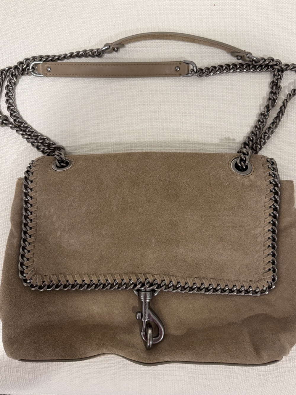 Rebecca Minkoff Taupe Suede Chain Shoulder Bag with Gunmetal Hardware